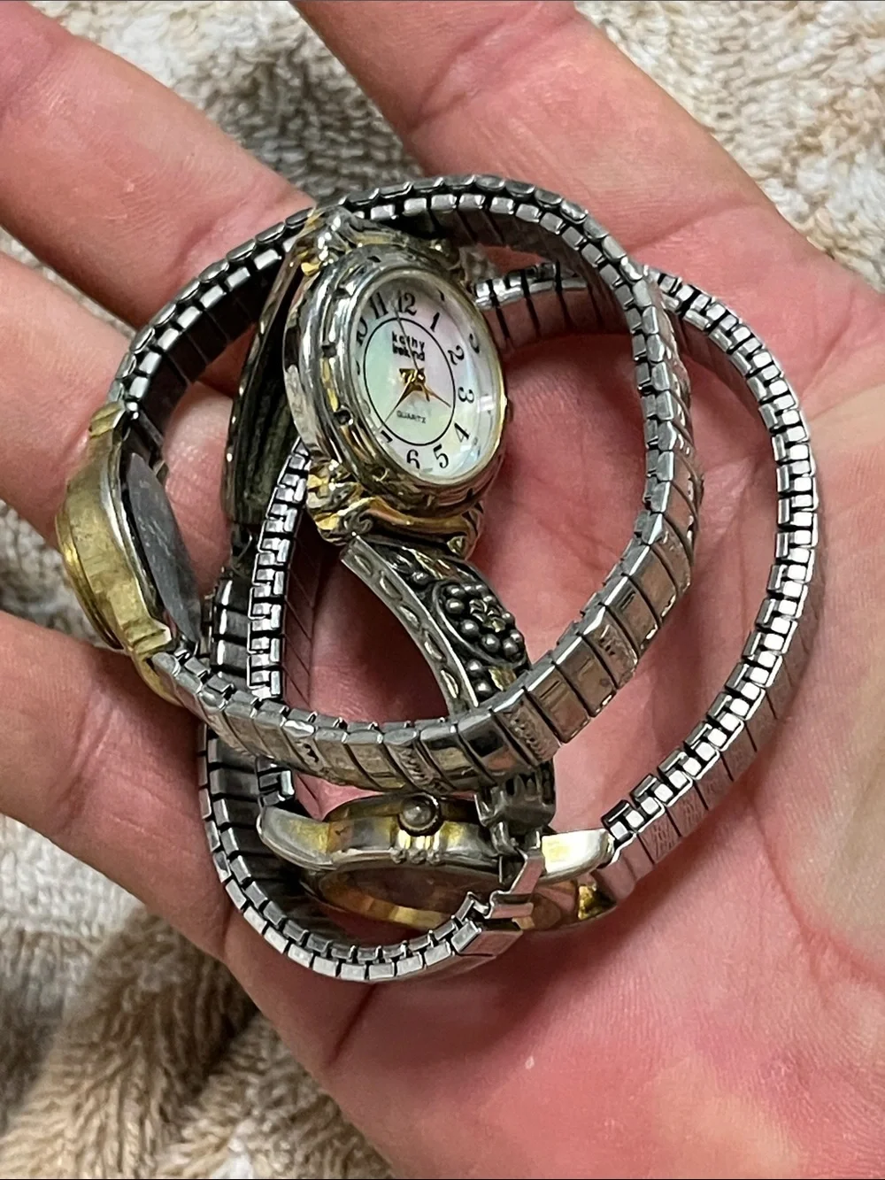 Gitano Silver-Tone Watch with Iridescent Blue-Green Abalone Dial
